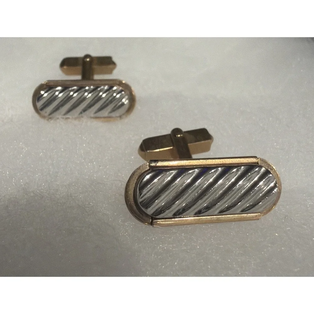 Vintage Swank Silver Gold Tone Cufflinks Oblong Diagonal Stripe Classic 1960s
